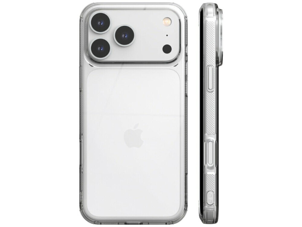 Przezroczyste etui na smartfon z widocznymi trzema aparatami i logo Apple. Etui ma wyraźne wycięcia na przyciski i porty.