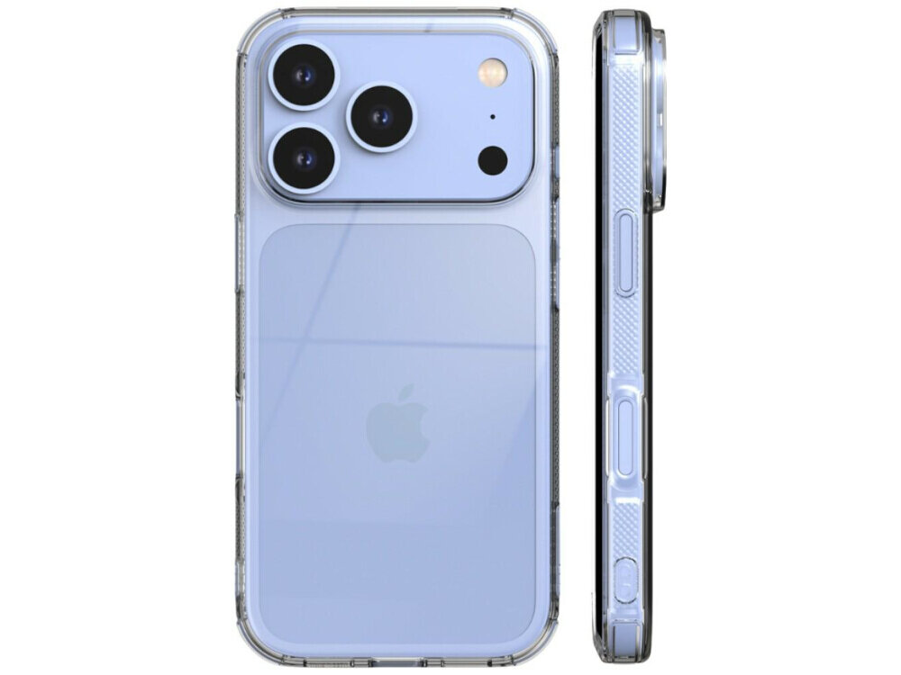 Obraz przedstawia przezroczyste etui na smartfon z trzema dużymi obiektywami aparatu i logo w kształcie jabłka. Etui jest pokazane z przodu i z boku, ukazując jego przezroczystą konstrukcję.