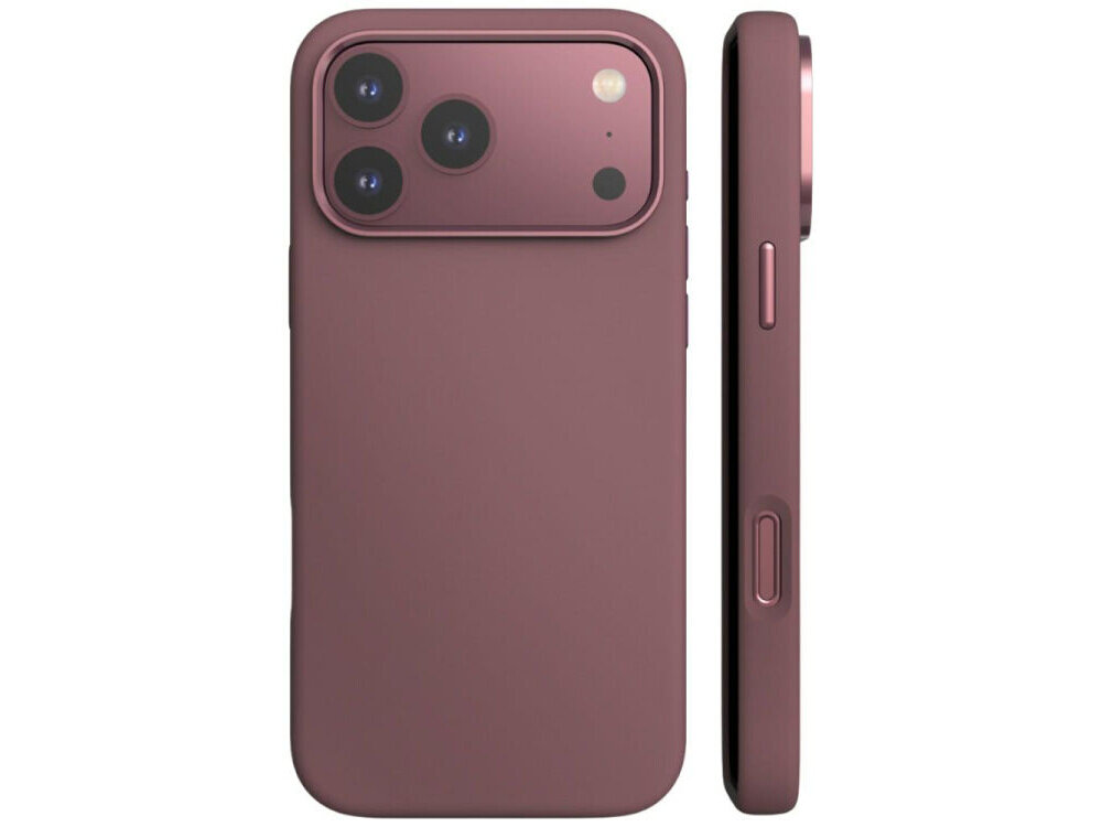 Burgundowe etui na telefon z trzema widocznymi obiektywami aparatu i przyciskiem bocznym. Etui jest gładkie i dopasowane do kształtu telefonu.