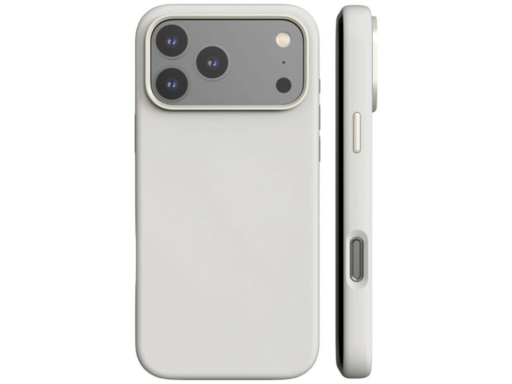 Obraz przedstawia białe etui na telefon z trzema widocznymi otworami na aparaty fotograficzne oraz dodatkowymi otworami na inne elementy. Etui jest pokazane z dwóch perspektyw: z tyłu i z boku.