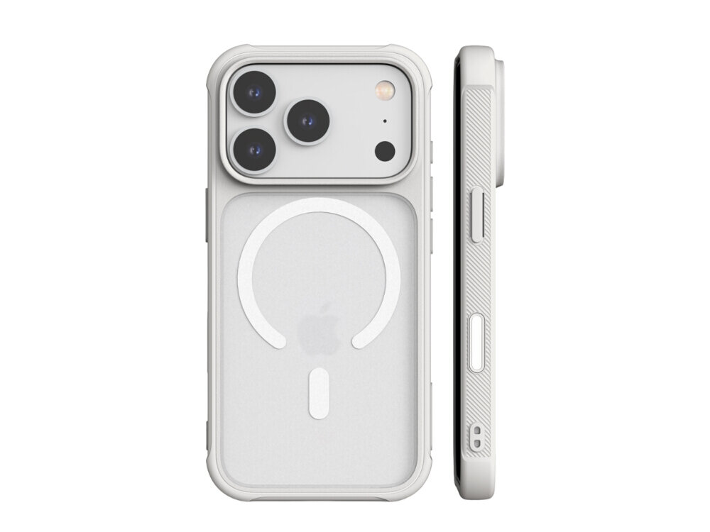 Białe etui na telefon z trzema dużymi otworami na aparaty oraz okrągłym wzorem MagSafe na tylnej części. Widoczne jest logo Apple na środku etui.