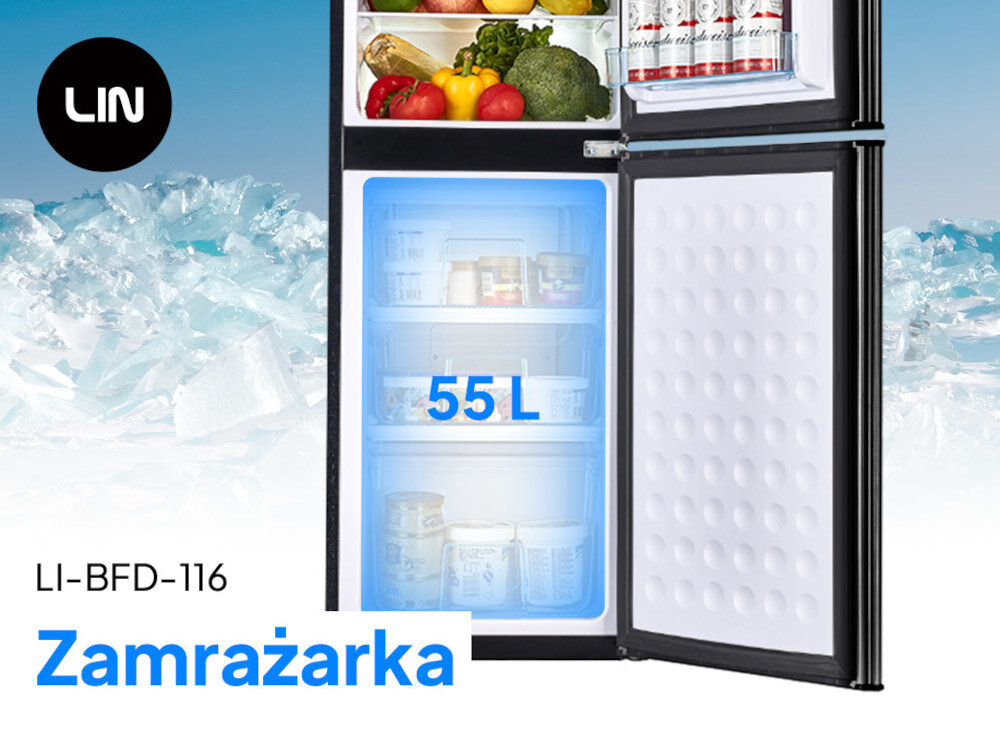 Obraz przedstawia otwartą lodówkę z widocznymi produktami spożywczymi w środku. Na lodówce znajduje się napis \'LIN\', \'LI-BFD-116\', \'55 L\' oraz \'Zamrażarka\'.