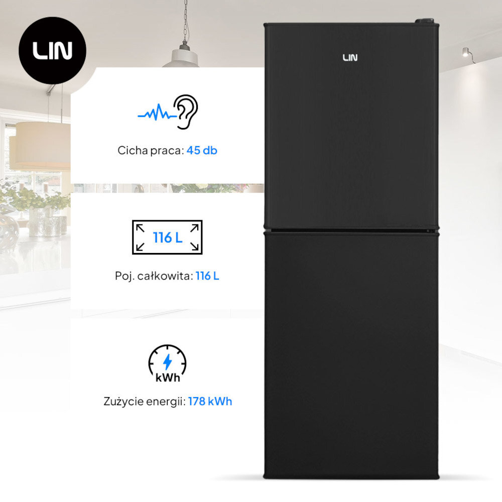 Czarna lodówka z logo LIN, z informacjami: Cicha praca: 45 db, Poj. całkowita: 116 L, Zużycie energii: 178 kWh.