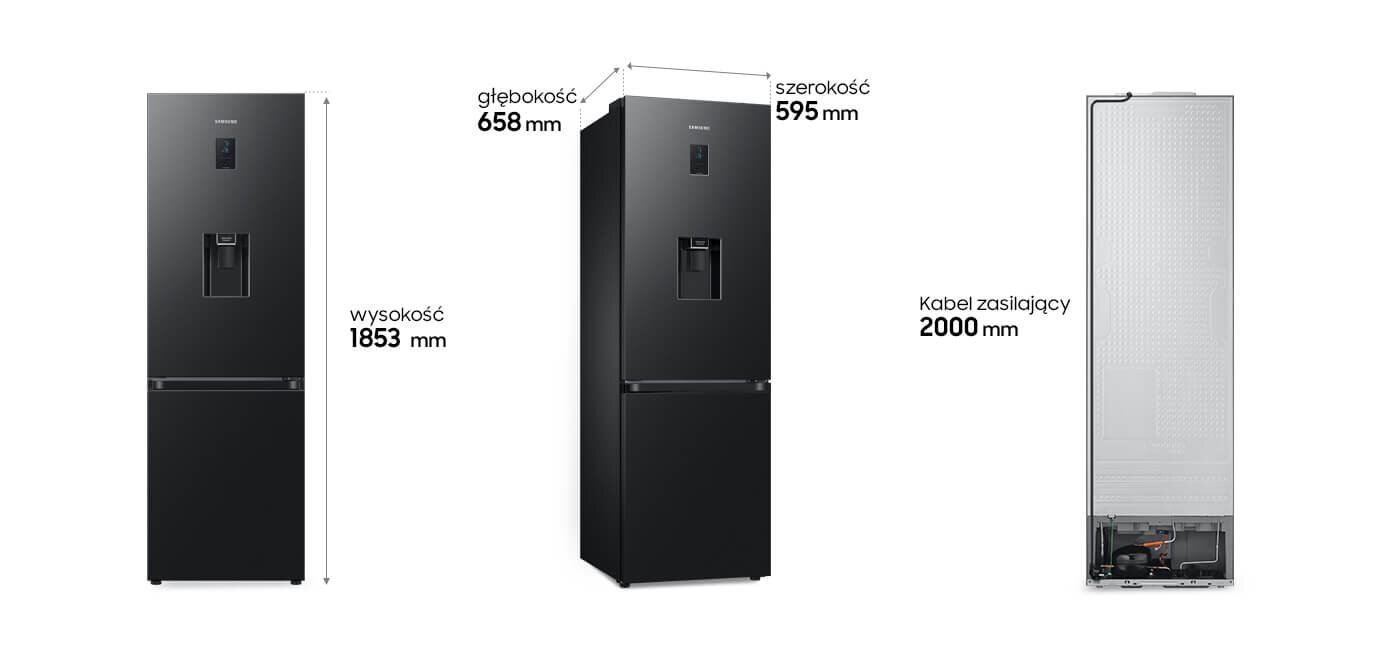 Samsung Grand+ RB34C652EBN - wymiary lodówki Obraz przedstawia czarną lodówkę z podajnikiem wody, z widocznymi wymiarami: wysokość 1853 mm, głębokość 658 mm, szerokość 595 mm oraz długość kabla zasilającego 2000 mm. Na lodówce widoczne jest logo \'SAMSUNG\'.