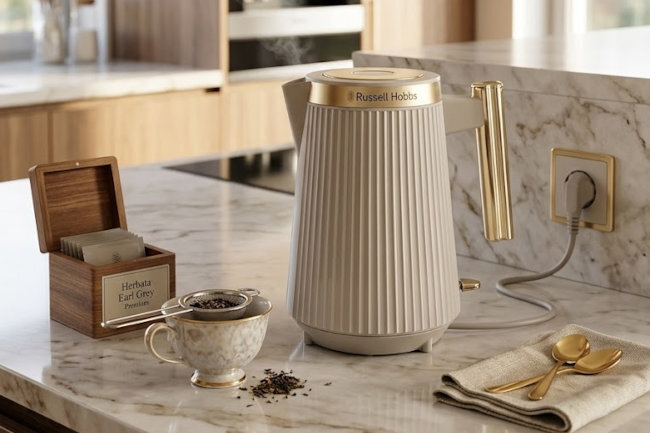 Na marmurowym blacie kuchennym stoi elegancki czajnik z napisem \'Russell Hobbs\', obok filiżanka z herbatą i drewniane pudełko z napisem \'Herbata Earl Grey Premium\'.