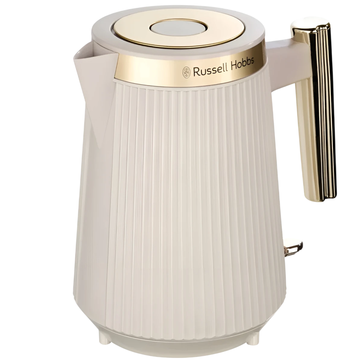 Czajnik elektryczny w kolorze białym z pionowymi żłobieniami i złotymi akcentami. Na górnej części widoczne jest logo \'Russell Hobbs\'.