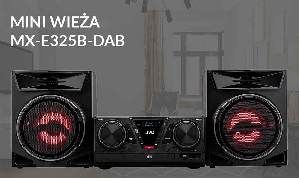 Na obrazie widoczna jest czarna mini wieża JVC z dwoma głośnikami, z czerwonymi podświetleniami. Na górze po lewej stronie znajduje się tekst: \'MINI WIEŻA MX-E325B-DAB\'.