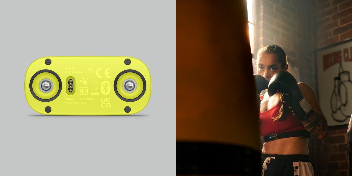 Po lewej stronie widoczny jest żółty czujnik z oznaczeniami CE, Bluetooth i UKCA. Po prawej stronie osoba w stroju sportowym trenuje boks w pomieszczeniu z ceglaną ścianą.