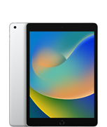 Na obrazie widoczny jest tablet z dużym ekranem, na którym wyświetlany jest kolorowy gradient. Obok znajduje się tył urządzenia w srebrnym kolorze z logo producenta w postaci nadgryzionego jabłka.