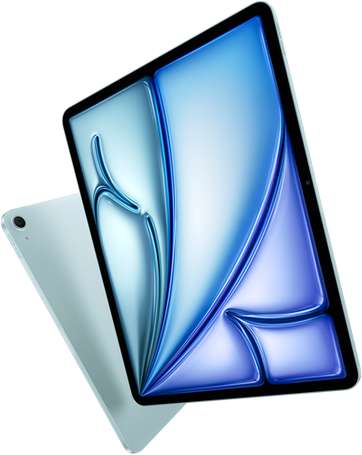 Na obrazie widoczny jest niebieski tablet z dużym ekranem, na którym wyświetlany jest abstrakcyjny wzór w odcieniach niebieskiego. Obok znajduje się tylna część urządzenia z widocznym aparatem.