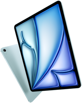 Na obrazie widoczny jest niebieski tablet z dużym ekranem, na którym wyświetlany jest abstrakcyjny wzór w odcieniach niebieskiego. Obok znajduje się tylna część urządzenia z widocznym aparatem i logo producenta \'APPLE\'.