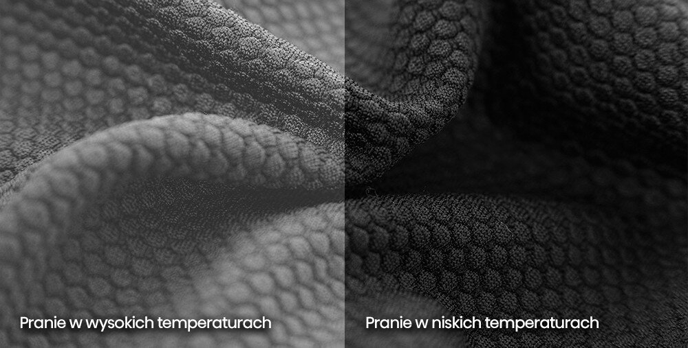 Obraz przedstawia dwa zbliżenia tkaniny o różnej fakturze. Tekst na dole obrazu: \'Pranie w wysokich temperaturach\' i \'Pranie w niskich temperaturach\'.