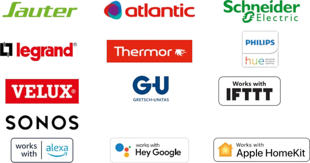 Obraz przedstawia logotypy różnych marek i usług, takich jak Sauter, Atlantic, Schneider Electric, Legrand, Thermor, GU Gretsch-Unitas, Velux, Sonos, Philips Hue, Works with IFTTT, Works with Alexa, Works with Hey Google i Works with Apple HomeKit.