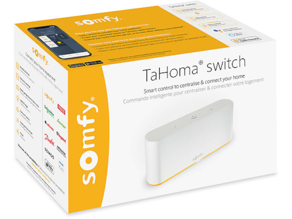 Opakowanie produktu z napisem \'TaHoma switch\' oraz logo \'somfy\'. Widoczny jest obrazek urządzenia i tekst \'Smart control to centralise & connect your home\'.