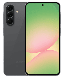 Galaxy A56 w kolorze szarym Na obrazie widoczny jest smartfon z trzema aparatami z tyłu i ekranem z wąskimi ramkami. Na ekranie wyświetlany jest gradientowy obraz w odcieniach zieleni i różu.