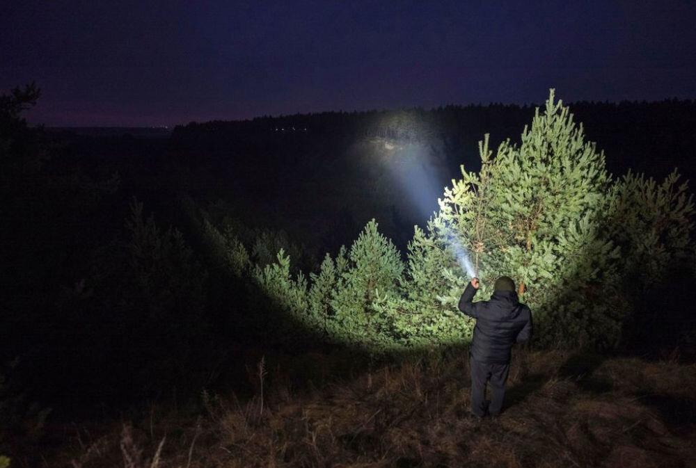 Osoba w ciemnym ubraniu stoi na wzgórzu w nocy, oświetlając latarką drzewo iglaste. W tle widać ciemny las i nocne niebo.