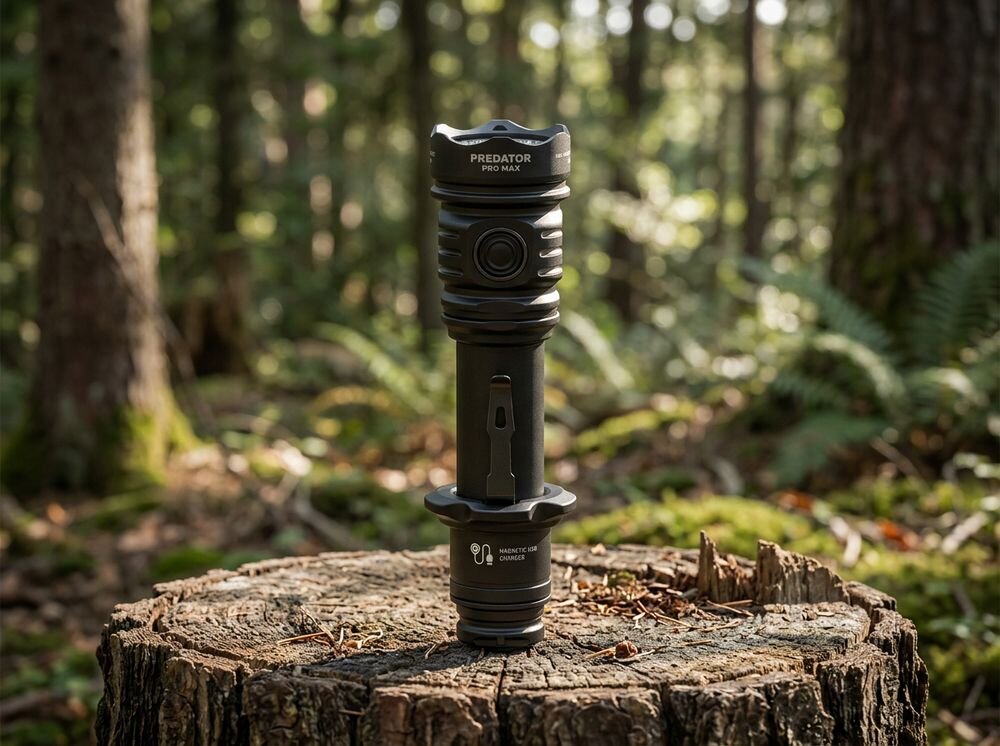 Latarka taktyczna ARMYTEK F08201PC Predator Pro Max Czarny, latarka, jasność, zasięg, akumulator, Czarna latarka stoi pionowo na ściętym pniu drzewa.