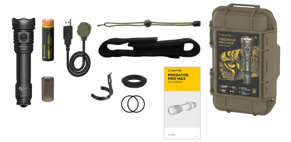 Latarka taktyczna ARMYTEK F08201PC Predator Pro Max Czarny, zestaw, wyposażenie, latarka, instrukcja, Czarna latarka z akcesoriami i walizką ochronną.