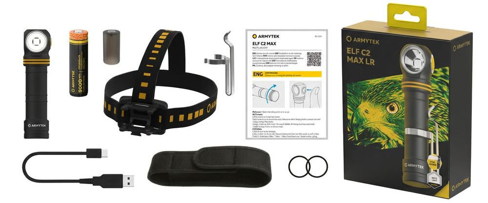 Latarka ARMYTEK F10702PC Elf C2 Max LR Czarny, akumulator, ładowanie, zasilanie, adapter, Zestaw latarki Armytek Elf C2 Max LR obejmujący latarkę kątową, akumulator, opaskę na głowę, klips, kabel USB, kaburę, zapasowe uszczelki, instrukcję oraz opakowanie.