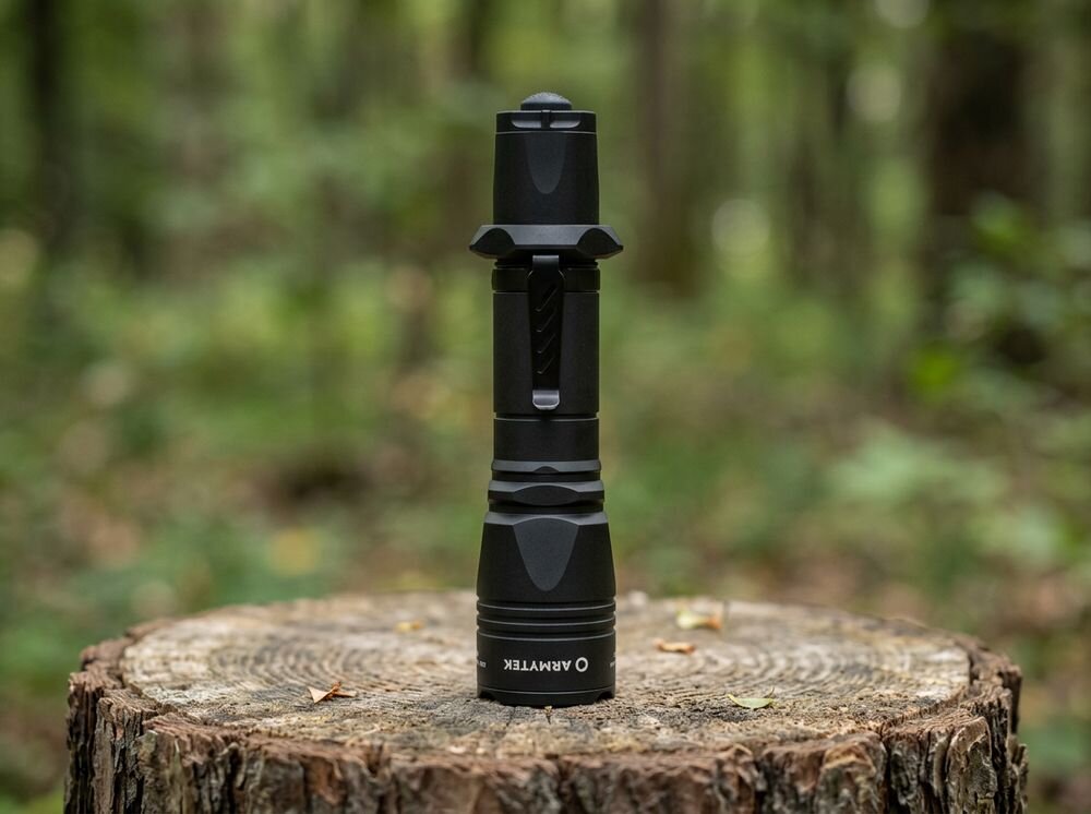 Latarka taktyczna ARMYTEK F02005W, latarka, jasność, akumulator, zasilanie, Czarna latarka stojąca pionowo na drewnianym pniu.