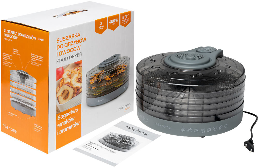 Na obrazie widoczna jest suszarka do grzybów i owoców MILLA HOME FD201 oraz jej opakowanie. Na opakowaniu znajduje się tekst: \'SUSZARKA DO GRZYBÓW I OWOCÓW FOOD DRYER\', \'Bogactwo smaków i aromatów\', oraz specyfikacje: \'3 HEIGHT ADJUSTMENT\', \'400W\', \'5 SIT\'.