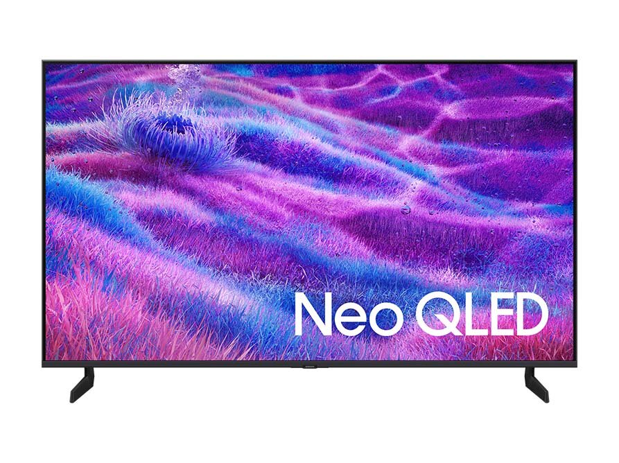 Telewizor z wyświetlaczem prezentującym kolorowy, abstrakcyjny wzór w odcieniach fioletu i różu. Na ekranie widoczny jest napis \'Neo QLED\'.
