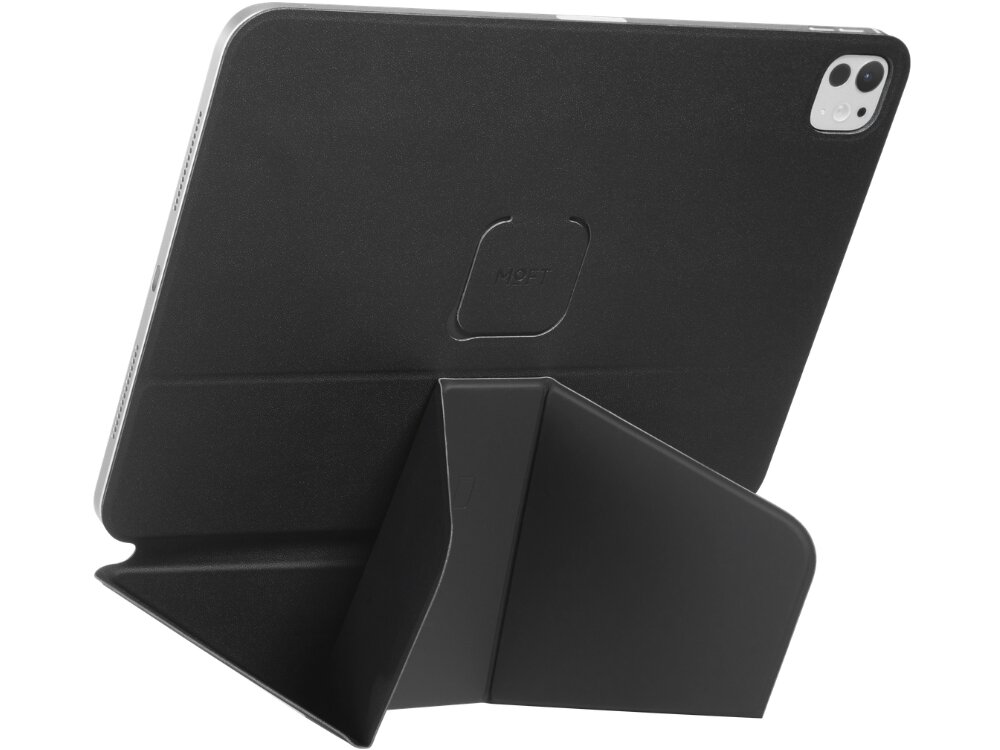 Czarne etui na tablet z widocznym logo \'MOFT\' na tylnej części. Etui jest ustawione w pozycji stojącej, umożliwiając podparcie urządzenia.