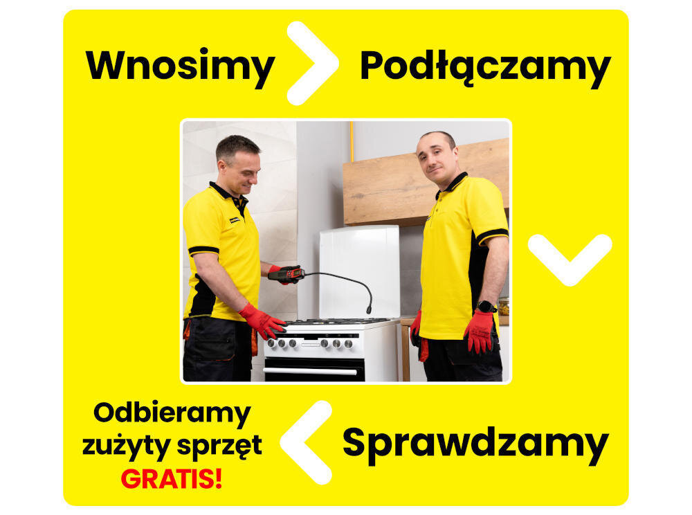 Dwóch mężczyzn w żółtych koszulkach i czerwonych rękawicach stoi przy kuchence gazowej. Na żółtym tle widnieją napisy: \'Wnosimy\', \'Podłączamy\', \'Sprawdzamy\', \'Odbieramy zużyty sprzęt GRATIS!\'.