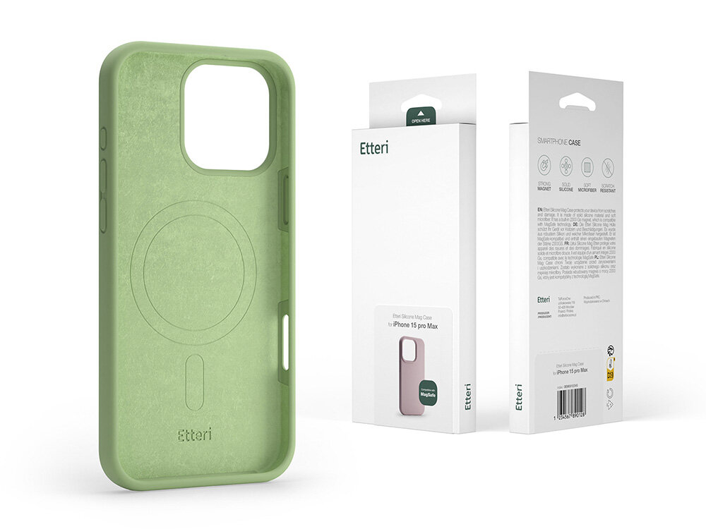 Jasnozielone etui silikonowe z okrągłym wzorem na środku i wycięciem na aparat. Obok znajduje się opakowanie z napisem \'Etteri\' oraz zdjęciem etui na iPhone 15 Pro Max.