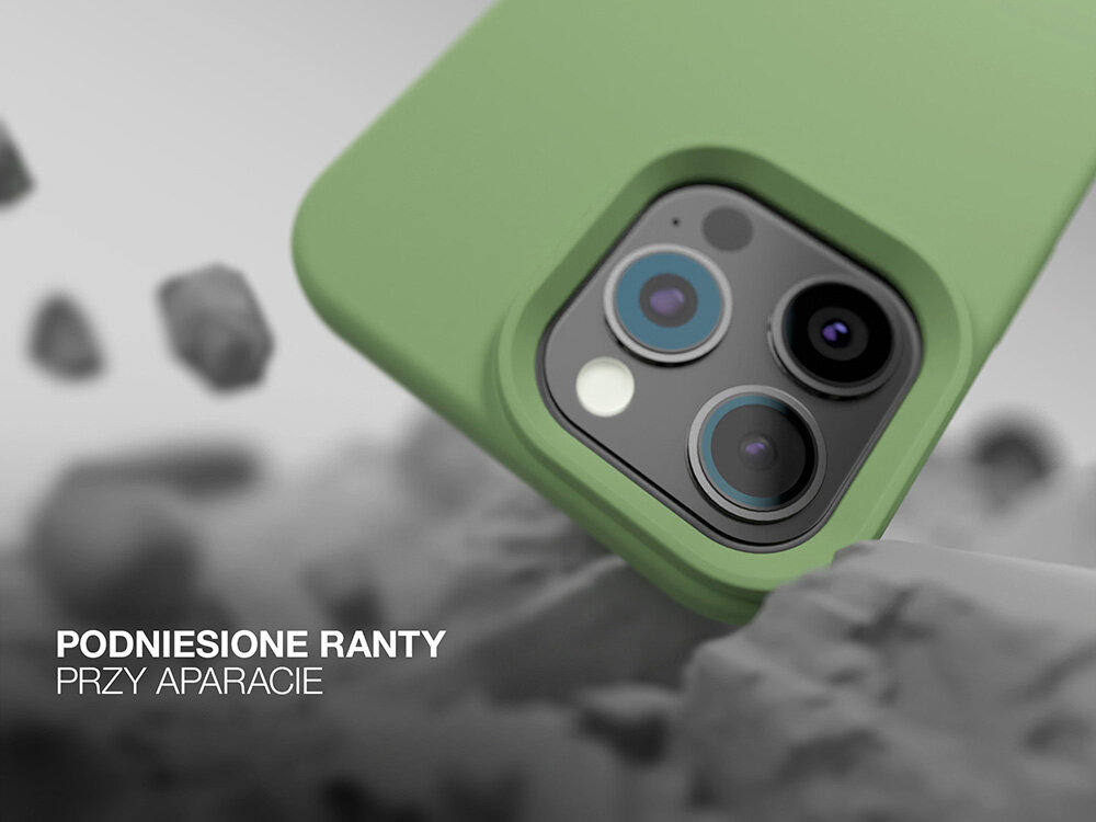 Jasnozielone etui na telefon z widocznymi podniesionymi rantami wokół aparatu. Tekst na obrazie: \'PODNIESIONE RANTY PRZY APARACIE\'.