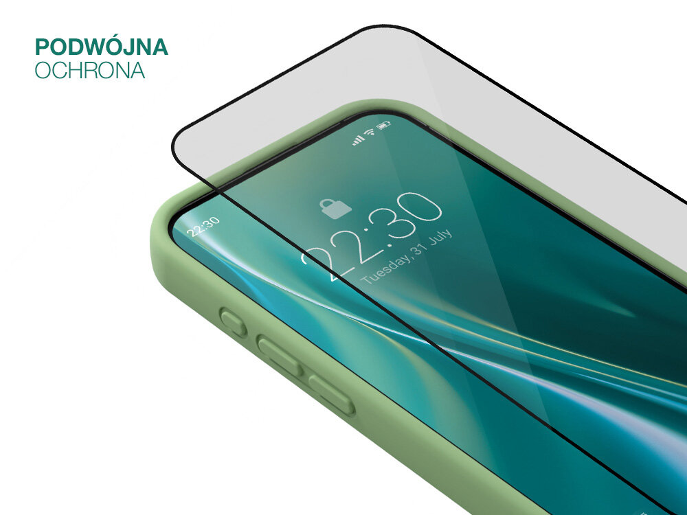 Obraz przedstawia jasnozielone etui na telefon z założoną szybą ochronną. W lewym górnym rogu widoczny jest tekst: \'PODWÓJNA OCHRONA\'.