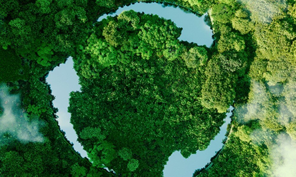Widok z lotu ptaka na gęsty las z wijącą się rzeką tworzącą kształt przypominający symbol recyklingu. Rzeka jest otoczona bujną zielenią drzew i krzewów.
