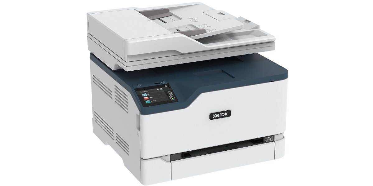 Urządzenie wielofunkcyjne z logo \'xerox\', posiada panel sterowania z wyświetlaczem i automatyczny podajnik dokumentów na górze.