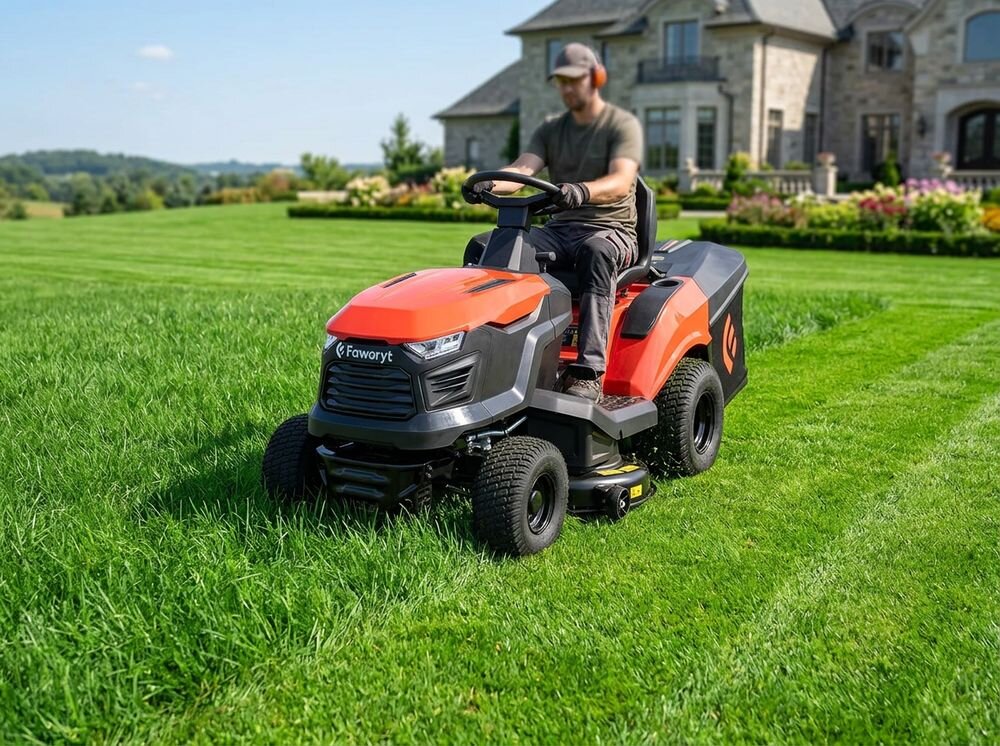Traktor ogrodowy FAWORYT DT98 HV2, traktor, koszenie, ogród, trawnik, Mężczyzna w nausznikach ochronnych kieruje traktorkiem kosiarką na rozległym trawniku.