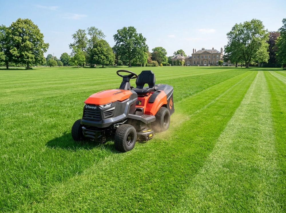 Traktor ogrodowy FAWORYT DT98 HV2, silnik, moc, zasilanie, wydajność, Czerwono-czarny traktorek kosiarka podczas koszenia bardzo dużego, zadbanego terenu zielonego