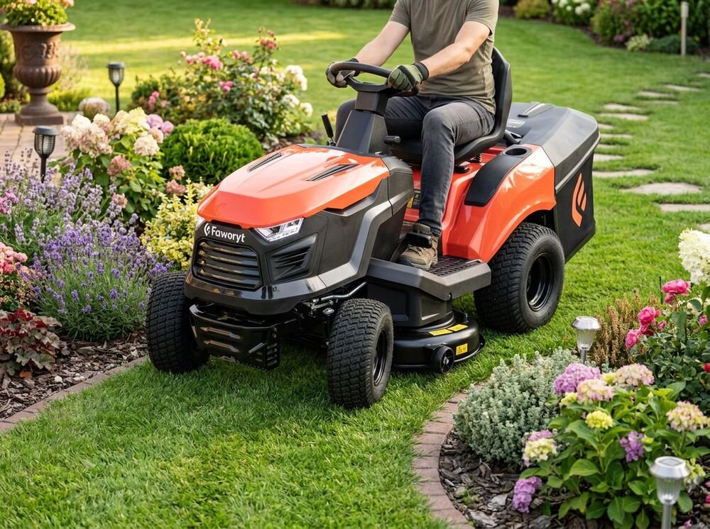 Traktor ogrodowy FAWORYT DT98 HV2, noże, szerokość, regulacja, koszenie, Operator koszarki przejeżdża traktorkiem tuż obok rabaty z kwiatami i ścieżki ogrodowej.