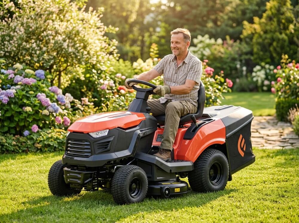 Traktor ogrodowy FAWORYT DT98 HV2, przekładnia, płynność, manewrowanie, skręt, Traktorek kosiarka Faworyt z bliska pod niskim kątem.