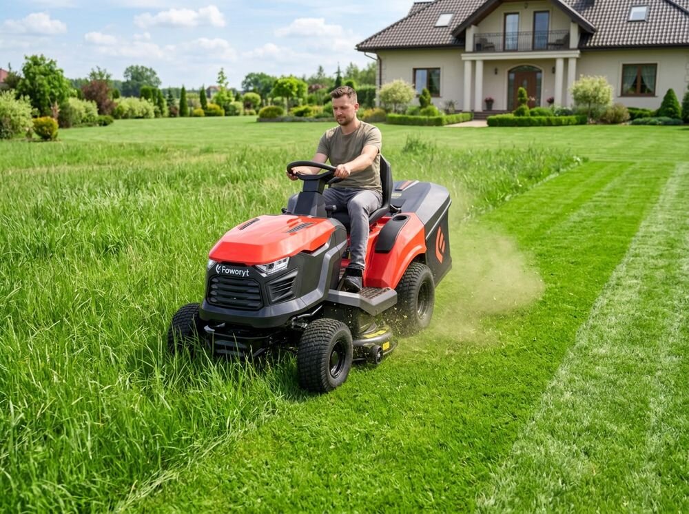 Traktor ogrodowy FAWORYT DT98 HV2, zaczep, akcesoria, wielofunkcyjność, osprzęt, Mężczyzna koszący wyższą trawę na tle jednorodzinnego domu.