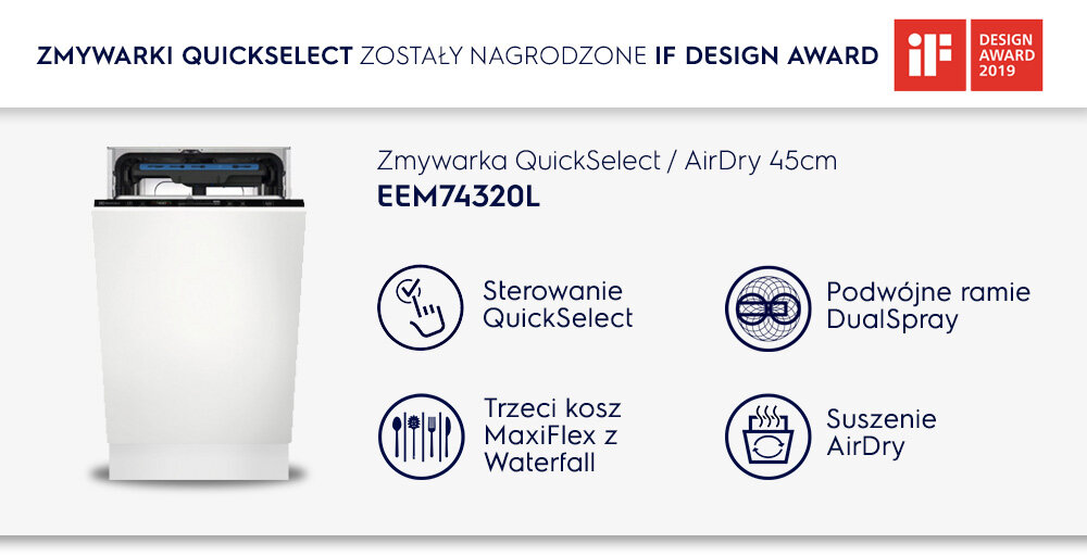 Obraz przedstawia zmywarkę ELECTROLUX EEM74320L z funkcjami QuickSelect, AirDry, DualSpray i MaxiFlex. Widoczny jest tekst: \'ZMYWARKI QUICKSELECT ZOSTAŁY NAGRODZONE IF DESIGN AWARD\'.