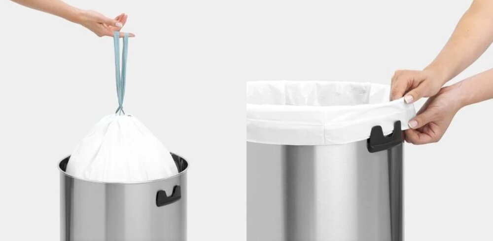 Kosz na śmieci BRABANTIA 402623 Push Bin 60L Stal błyszcząca uzytkowanie wygoda komfort higiena system mocowania worków
