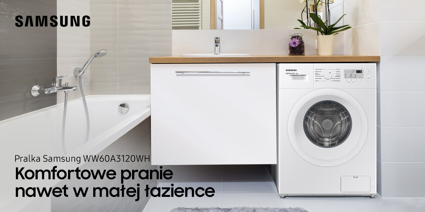 Obraz przedstawia łazienkę z białą pralką Samsung WW60A3120WH umieszczoną obok szafki z umywalką. Na obrazie widoczny jest tekst: \'Pralka Samsung WW60A3120WH Komfortowe pranie nawet w małej łazience\'.