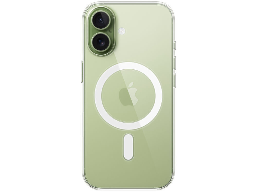Przezroczyste etui na telefon z widocznym logo Apple i okrągłym wzorem MagSafe. Telefon ma zielony kolor i dwa obiektywy aparatu.