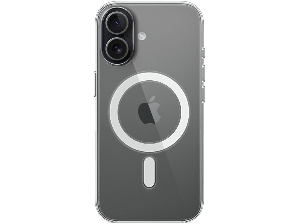 Przezroczyste etui na telefon z widocznym logo Apple i okrągłym wzorem MagSafe. Etui jest dopasowane do modelu telefonu z dwoma obiektywami aparatu.