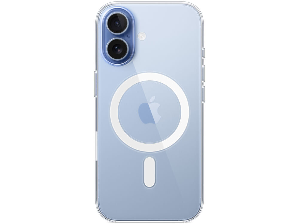 Przezroczyste etui na telefon z widocznym logo Apple i okrągłym wzorem MagSafe. Etui jest zamontowane na niebieskim telefonie z dwoma obiektywami aparatu.
