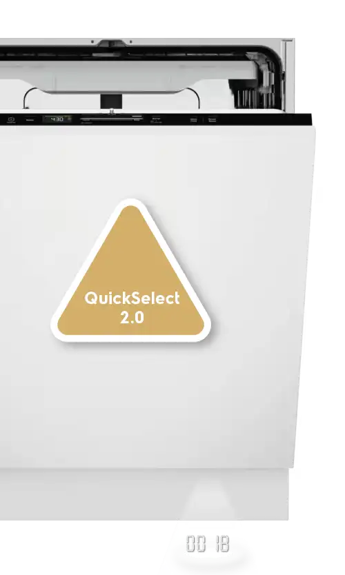 Zmywarka z otwartymi drzwiami, na których widnieje trójkątny symbol z napisem \'QuickSelect 2.0\'. Na dolnej części drzwi wyświetlany jest czas \'00:18\'.