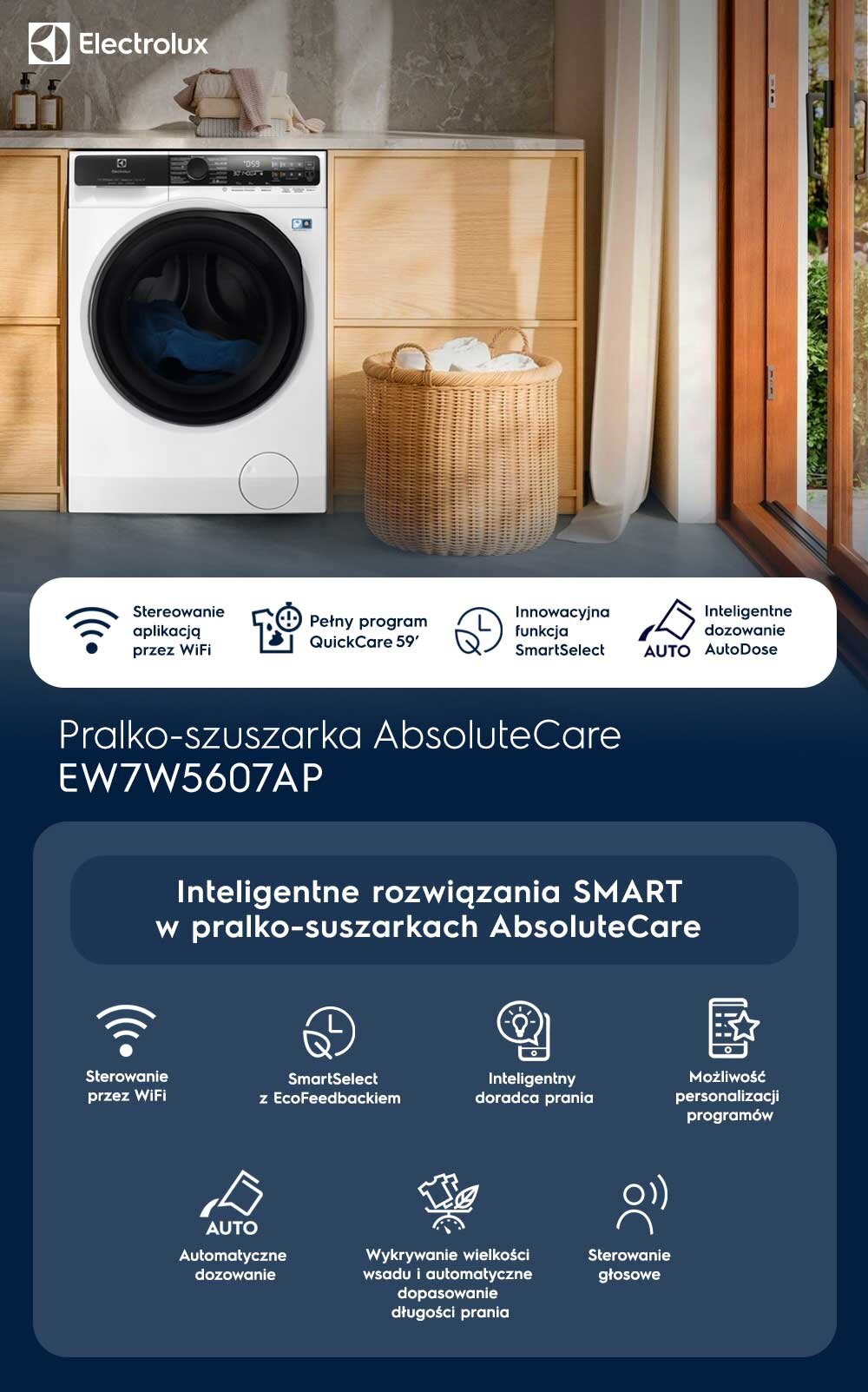 Na obrazie znajduje się pralko-suszarka ELECTROLUX EW7W5607AP 700 SteamCare AutoDose w jasnej kuchni. Widoczny jest tekst: \'Inteligentne rozwiązania SMART w pralko-suszarkach AbsoluteCare\'.