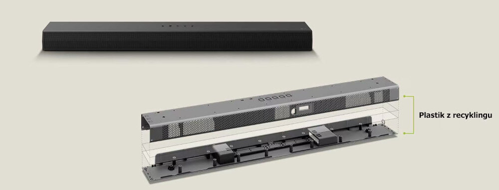Obraz przedstawia czarny soundbar oraz jego rozłożony widok z opisem \'Plastik z recyklingu\'.
