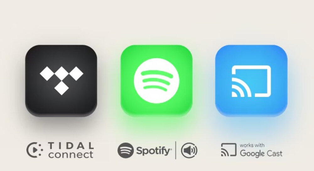 Obraz przedstawia trzy ikony aplikacji: Tidal Connect na czarnym tle, Spotify na zielonym tle i Google Cast na niebieskim tle. Pod ikonami znajdują się napisy: \'TIDAL connect\', \'Spotify\', \'works with Google Cast\'.