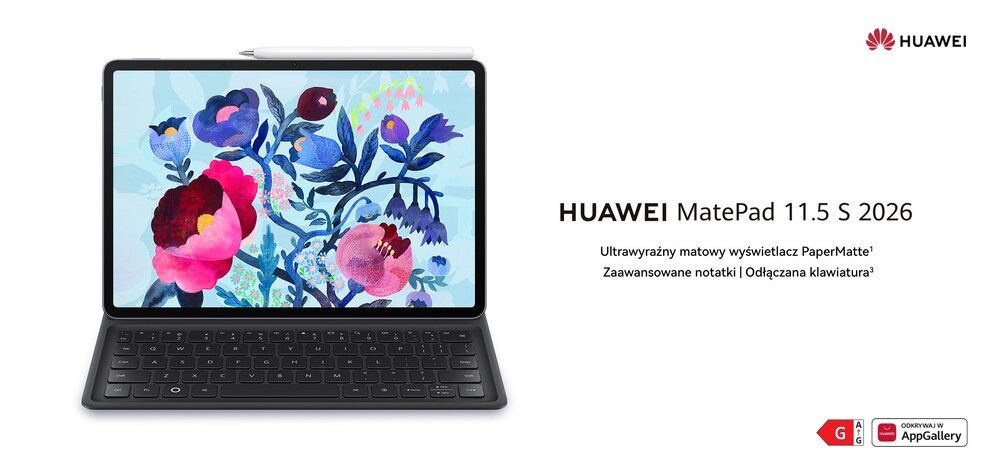 Tablet z kolorowym wyświetlaczem przedstawiającym kwiaty, z dołączoną klawiaturą. Obok widoczny tekst: \'HUAWEI MatePad 11.5 S 2026 Ultrawyraźny matowy wyświetlacz PaperMatte Zaawansowane notatki | Odłączana klawiatura\'.
