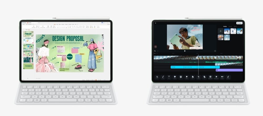 Dwa tablety z klawiaturami, na ekranach widoczne aplikacje: po lewej prezentacja z napisem \'DESIGN PROPOSAL\', po prawej edytor wideo z klipem i linią czasu.